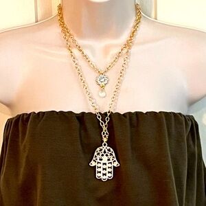 Double strand Hamsa hand chunky cocktail necklace w/ bling & crystal + earrings